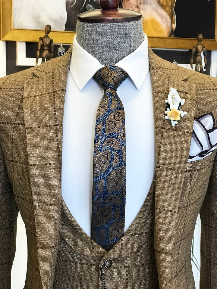 Archibald New Brown Plaid Peaked Lapel Three-Piece Business Men’s Suits