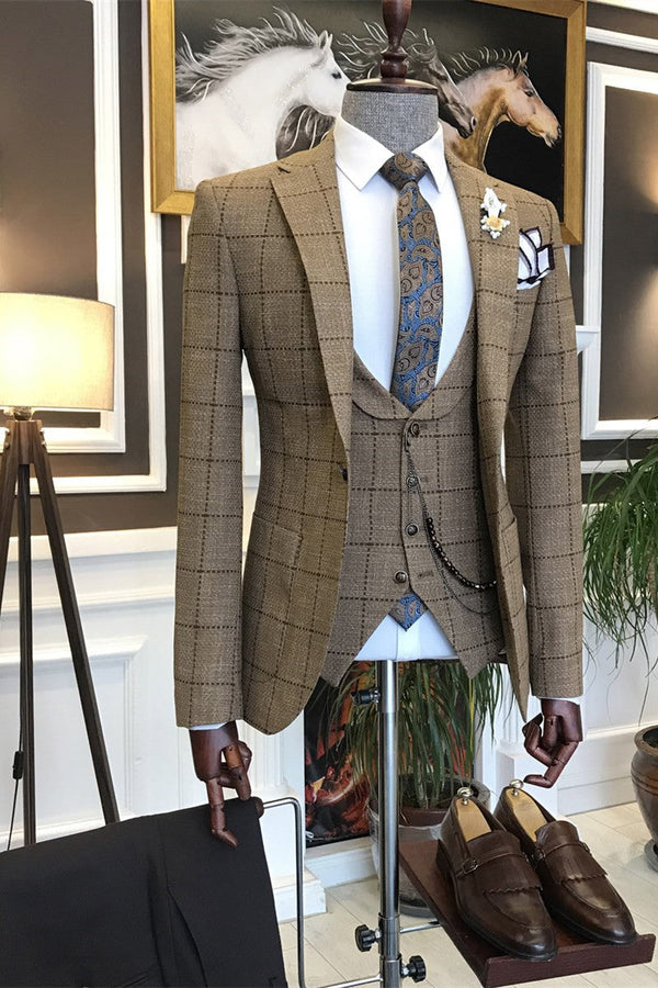 Archibald New Brown Plaid Peaked Lapel Three-Piece Business Men’s Suits