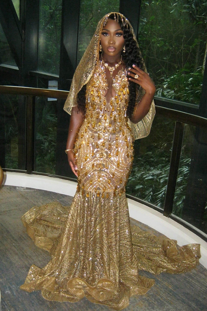 glittery gold dress Gold Sequin Glitter Beaded Mermaid Evening Dress Strapless Sweetheart Satin
