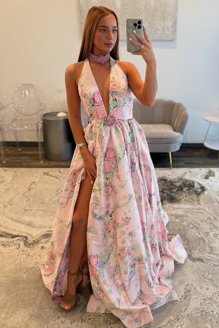 Beautiful Long Pink A-line Halter V-neck Floral Sleeveless Prom Dress with Slit Beautiful Long Pink A-line Halter V-neck Floral Sleeveless Prom Dress with Slit