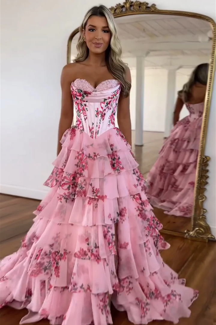 Beautiful Long A-Line Prom Dress Pink Sweetheart Corset Floral Tiered Evening Dress