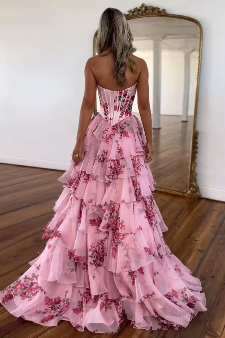 Beautiful Long A-Line Prom Dress Pink Sweetheart Corset Floral Tiered Evening Dress