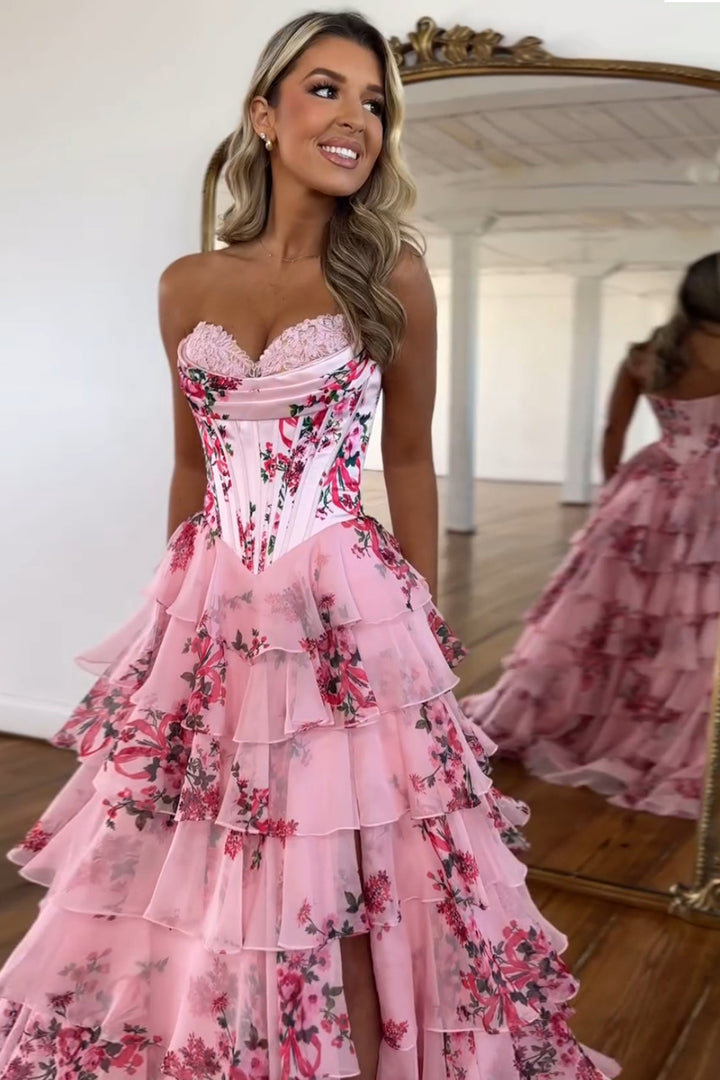 Beautiful Long A-Line Prom Dress Pink Sweetheart Corset Floral Tiered Evening Dress