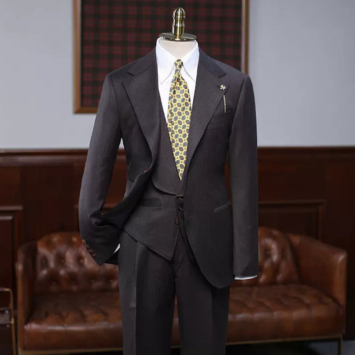 Brayden Sophisticated Mocha Striped Notch Lapel Three-Piece Business Suit
