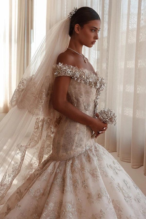 Champagne Glitter Lace Ball Gown Wedding Dress Off-the-Shoulder Crystal Pearl Beaded Baroque Damask Cathedral Train