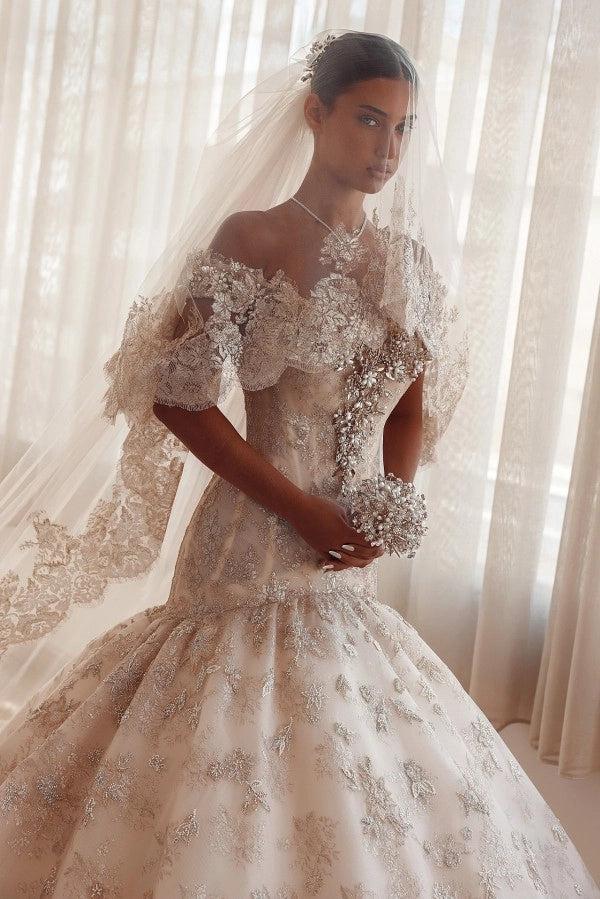 Champagne Glitter Lace Ball Gown Wedding Dress Off-the-Shoulder Sweetheart Crystal Pearl Beaded Cap Sleeve Baroque Damask Allover Glitter Lace 