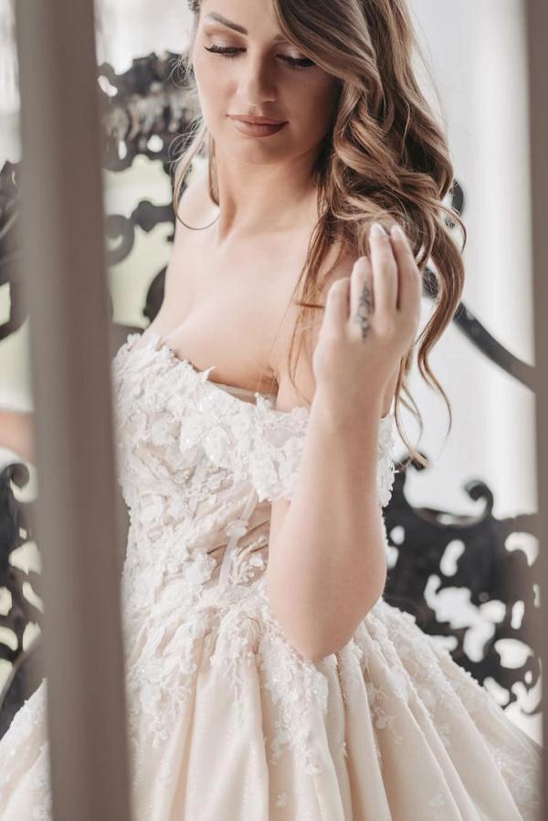 champagne satin ball gown wedding dress Vintage Wedding Dress Satin Long Sleeves Ball Gown Off Shoulder