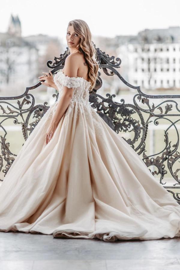 champagne satin ball gown wedding dress Simple A-Line Champagne Satin Off The Shoulder Wedding Dress