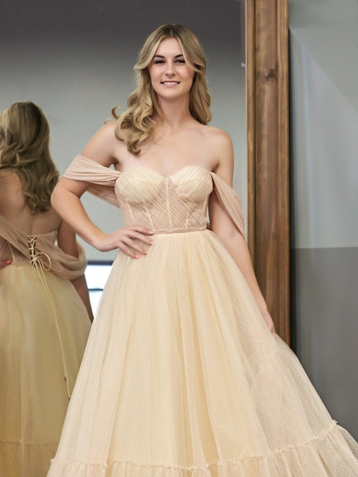Koscy A-Line Champagne Tulle Sweetheart Tea-Length Prom Dress