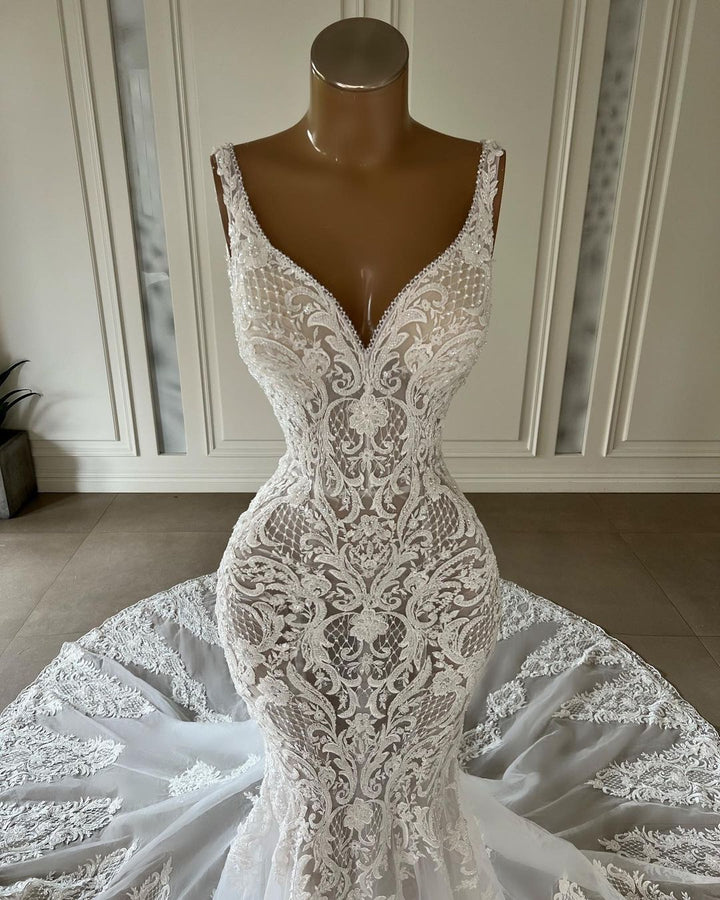 Classy Long Mermaid V-neck Sleeveless Wedding Dress with Lace Detailing