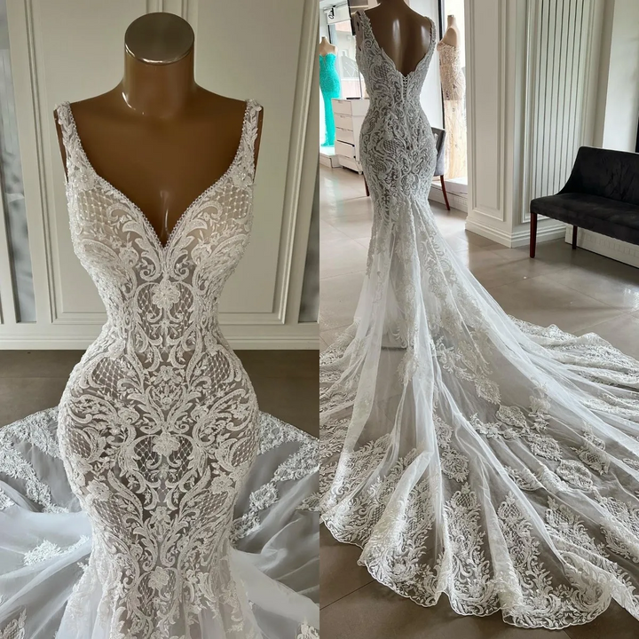 Classy Long Mermaid V-neck Sleeveless Wedding Dress with Lace Detailing