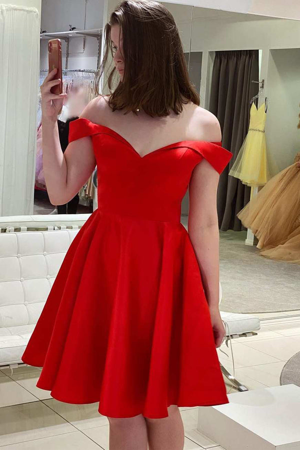 Koscy Red Off The Shoulder A Line Satin Homecoming Dress