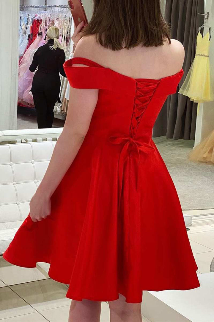 Koscy Red Off The Shoulder A Line Satin Homecoming Dress
