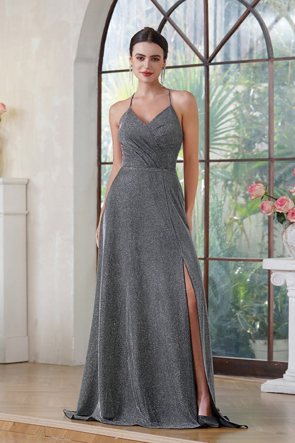 Halter Shiny Silk Long Prom Dress V-Neck Pleated Side Slit Party Dress with Pocket
