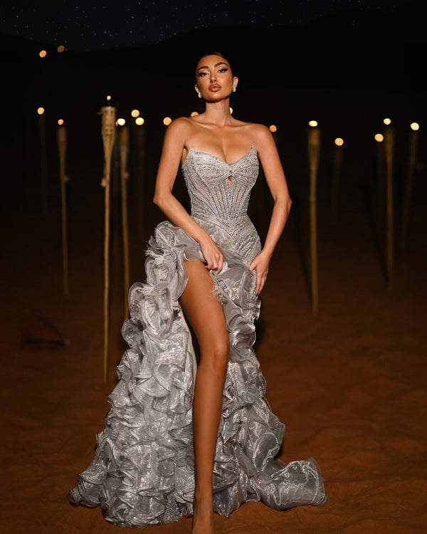 Designer Strapless Ruffled Evening Gown with High Slit and Crystal Beaded Detailing