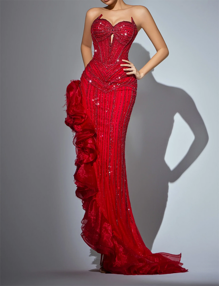 Designer Strapless Ruffled Evening Gown with High Slit and Crystal Beaded Detailing