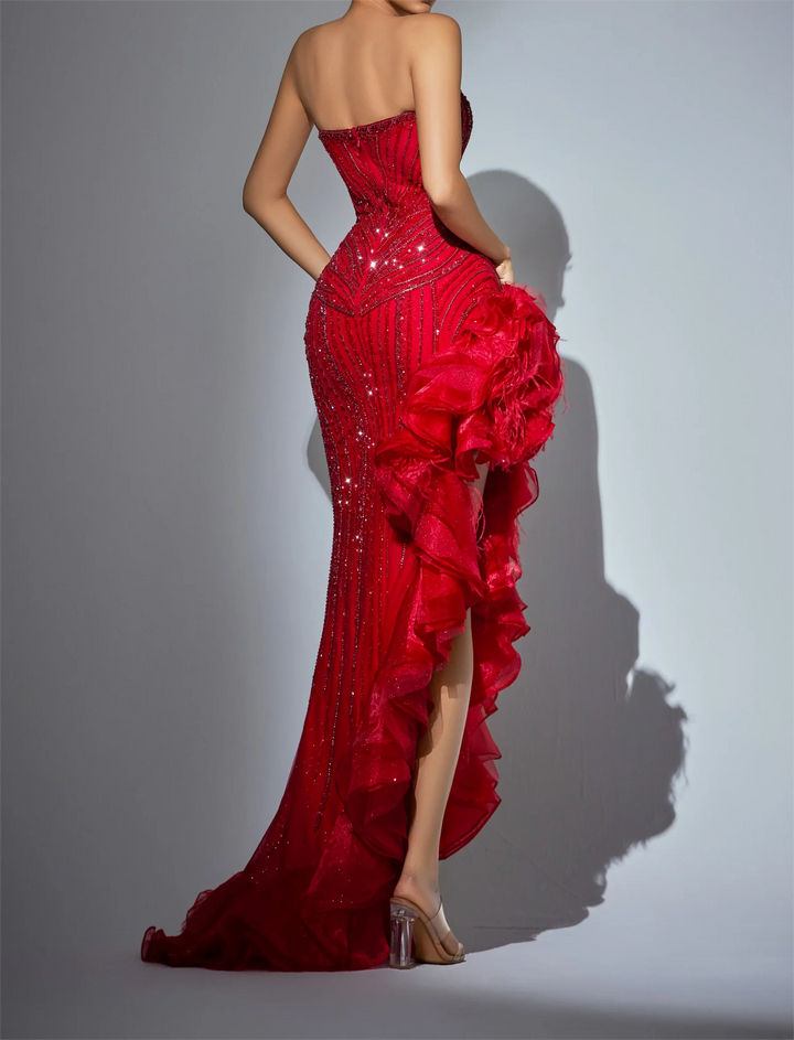 Designer Strapless Ruffled Evening Gown with High Slit and Crystal Beaded Detailing
