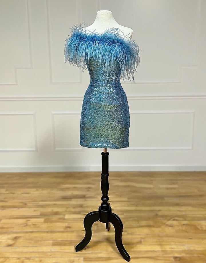 Koscy Sheath Sequin Homecoming Dress with Feather