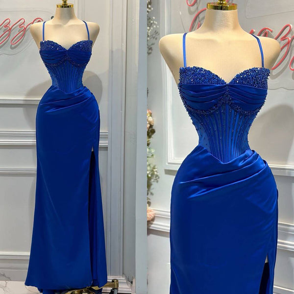 Elegant Long Royal Blue Spaghetti Straps Beaded Evening Dress With Slit