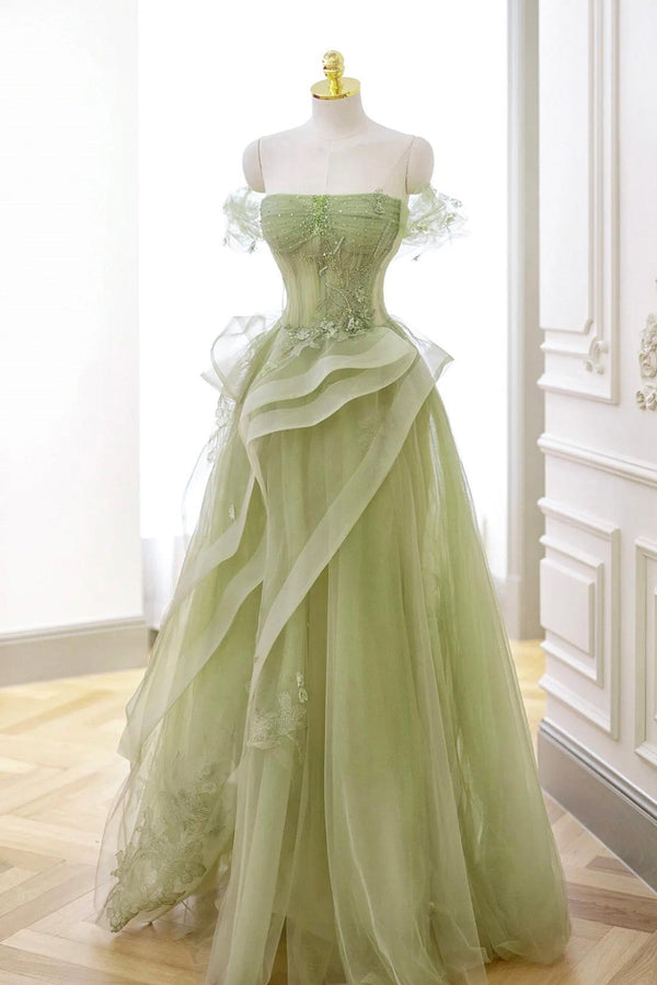 Exquisite Dusty Green Long Prom Dress Tulle Lace Corset Formal Party Evening Dress