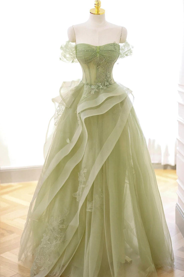 Exquisite Dusty Green Long Prom Dress Tulle Lace Corset Formal Party Evening Dress