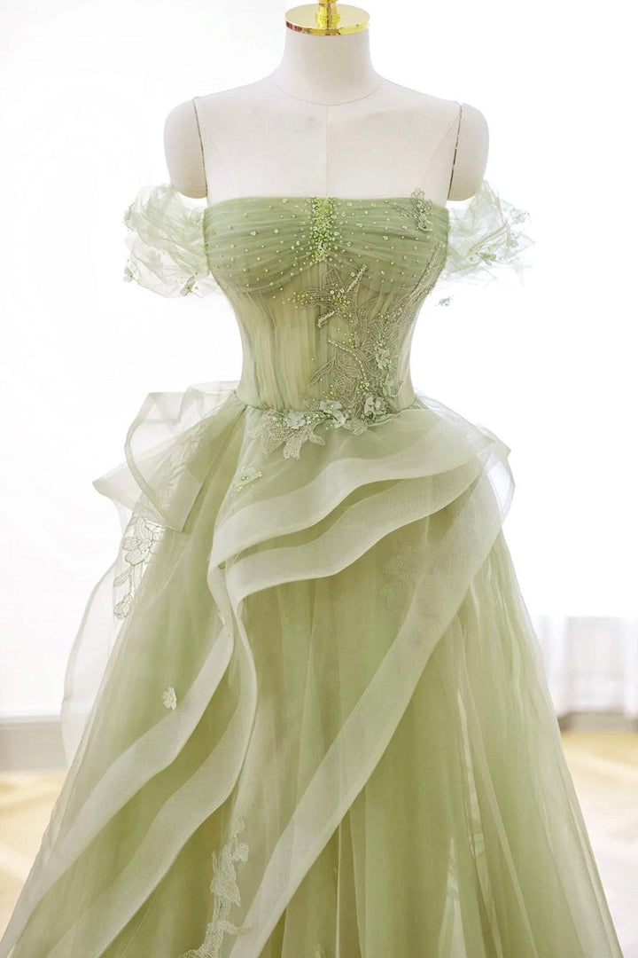 Exquisite Dusty Green Long Prom Dress Tulle Lace Corset Formal Party Evening Dress