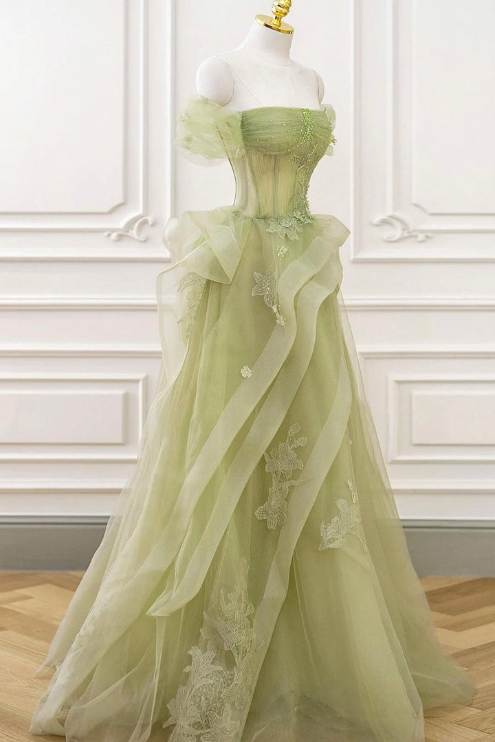 Exquisite Dusty Green Long Prom Dress Tulle Lace Corset Formal Party Evening Dress