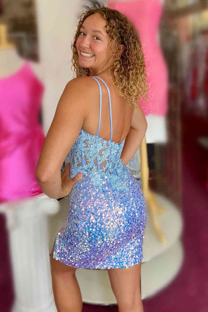 Koscy Bodycon Blue Sequins Lace Homecoming Dress