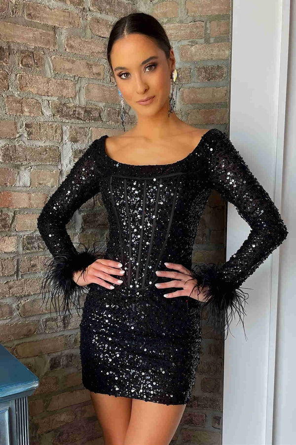 Koscy Sheath Sequins Homecoming Dress with Long Sleeves