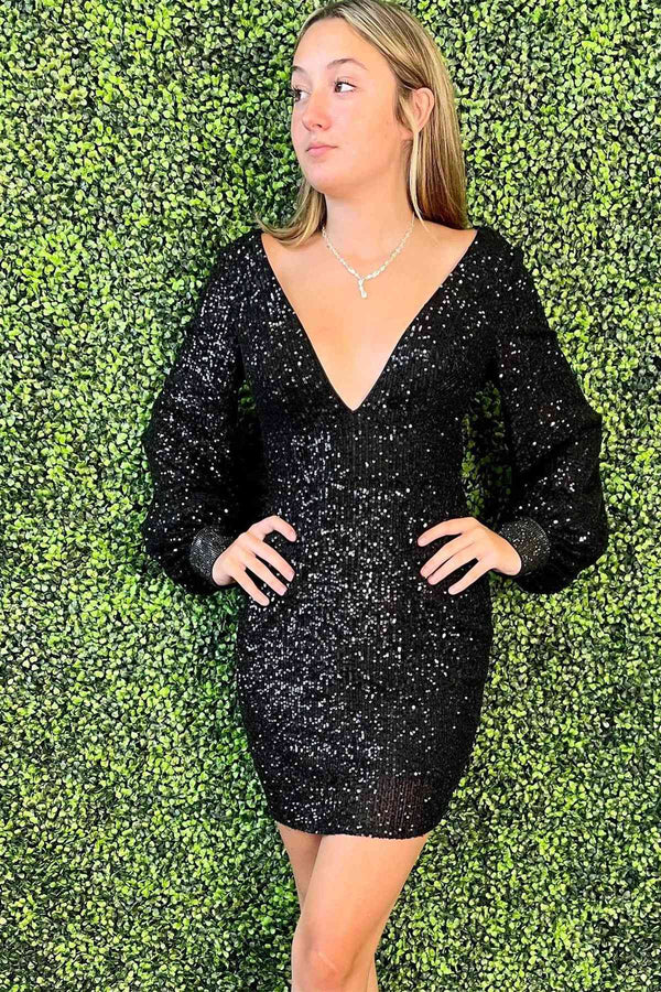 Koscy Sheath V-Neck Long Sleeves Sequins Homecoming Dress