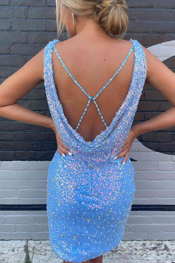 Koscy Sheath Sky Blue Sequins Homecoming Dress