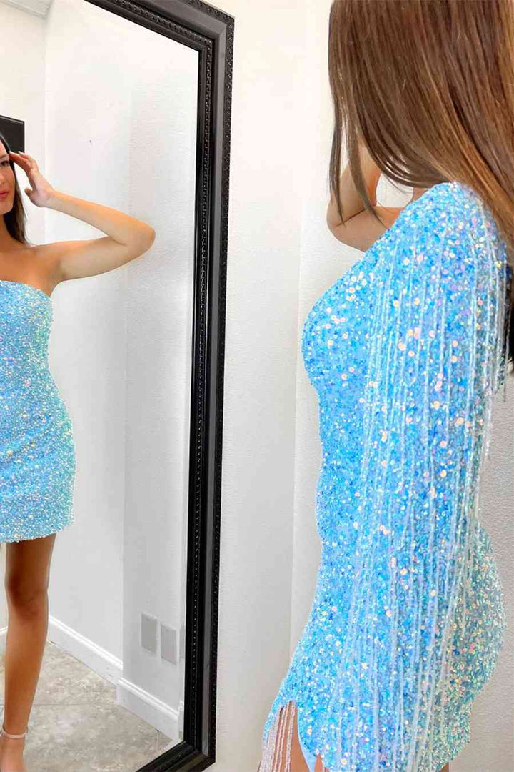 Koscy Sheath Long Sleeve Fringe Sequins Homecoming Dress