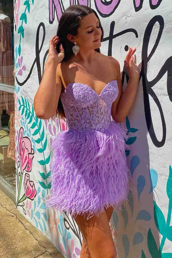 Koscy Sheath Sweetheart Lace Feather Skirt Homecoming Dress