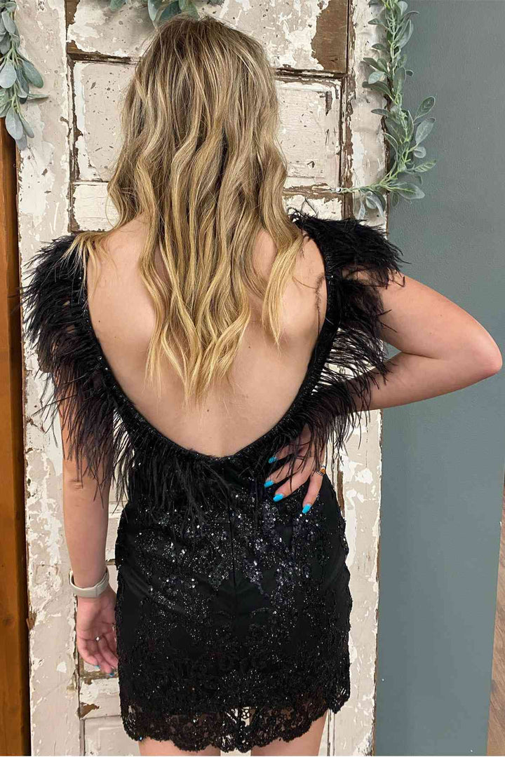 Koscy Sheath V-Neck Feathered Sequins Homecoming Dress
