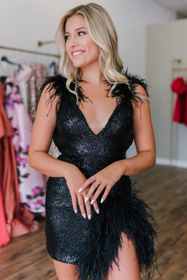 Koscy Sheath V-Neck Sequins Homecoming Dress with Slit