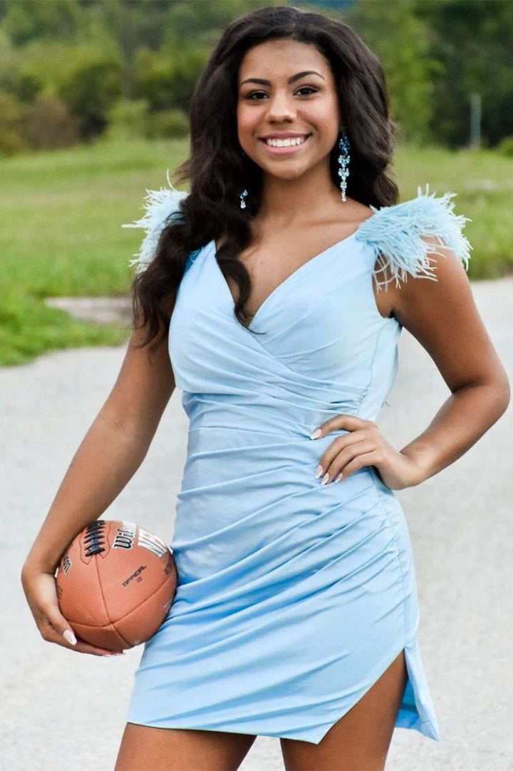 Koscy Sheath Pleated Jersey Homecoming Dress with Feathers