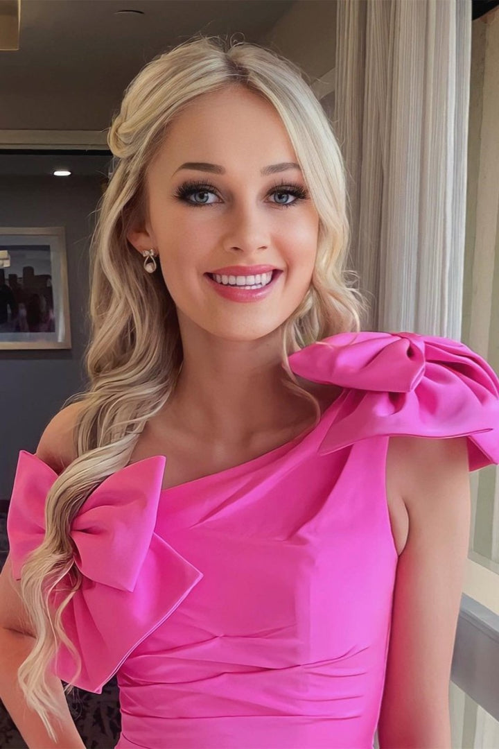 Koscy Hot Pink One Shoulder Sheath Homecoming Dress with Bows