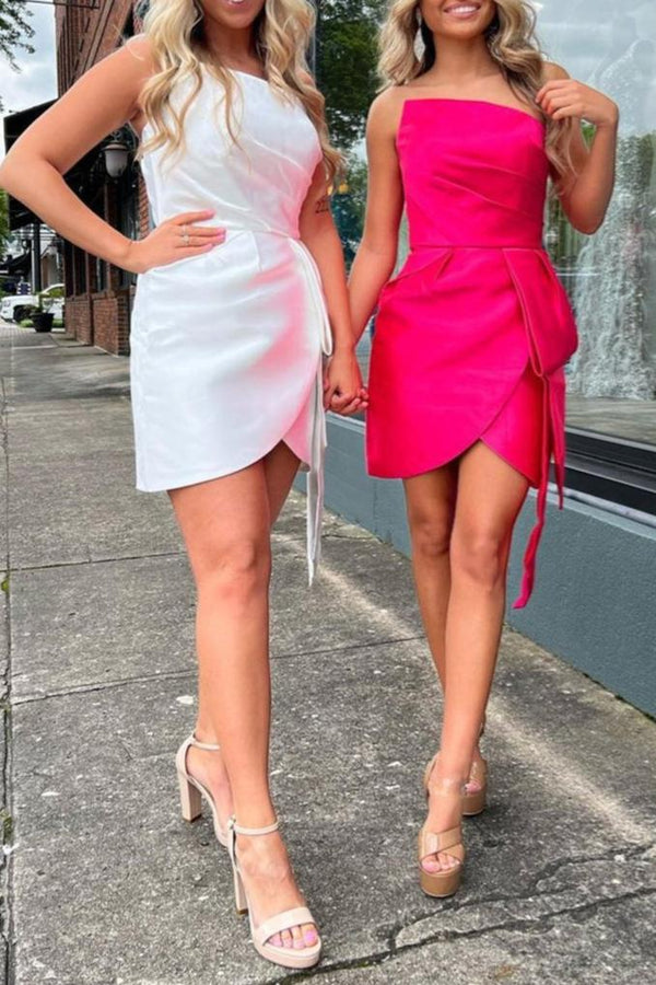 Koscy Sheath Strapless Faux-Wrap Satin Homecoming Dress