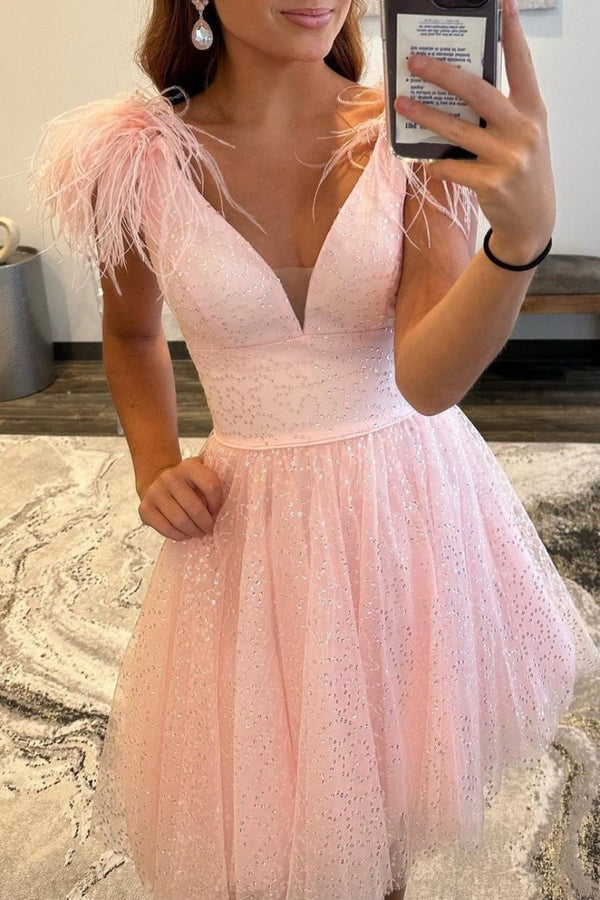 Koscy A-line Deep V Neck Tulle Homecoming Dress with Feathers