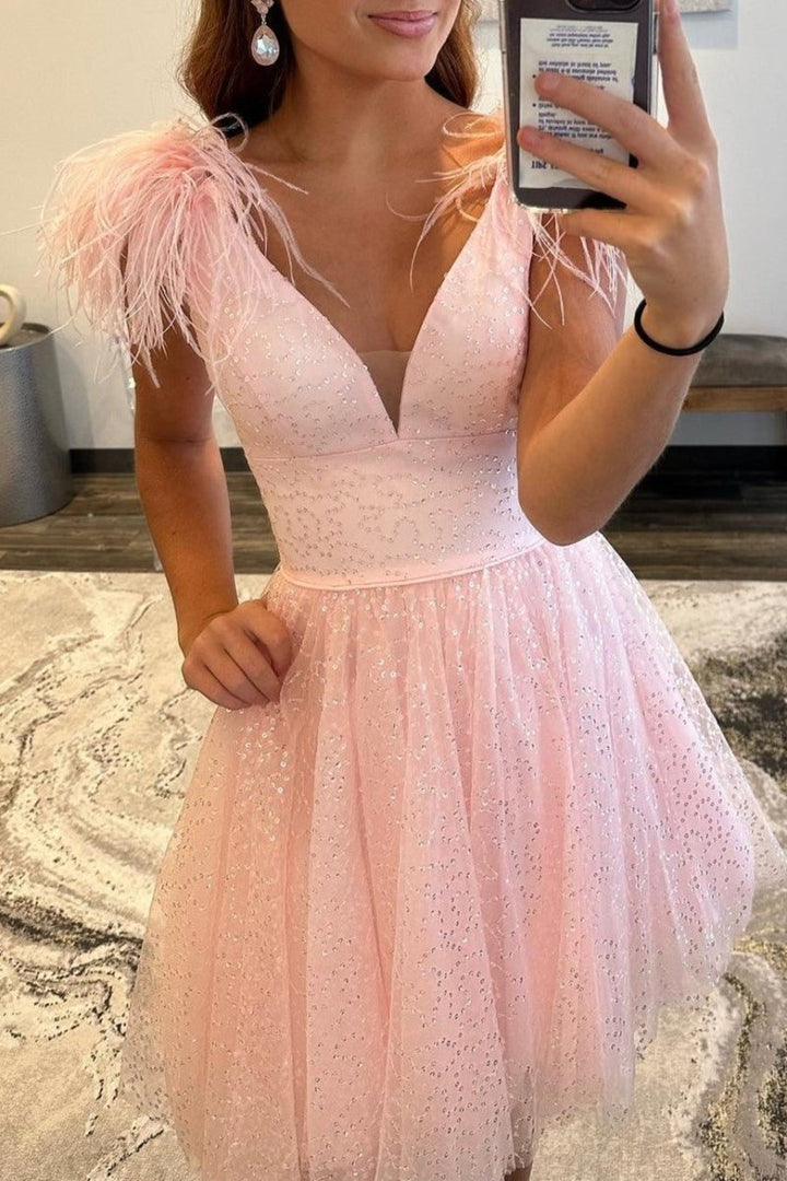 Koscy A-line Deep V Neck Tulle Homecoming Dress with Feathers