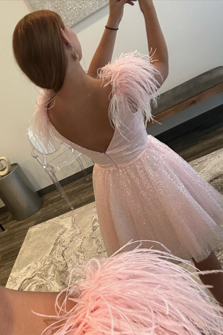 Koscy A-line Deep V Neck Tulle Homecoming Dress with Feathers