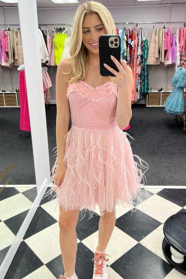Koscy Sweetheart Pink Grid Short homecoming Dress with Feathers