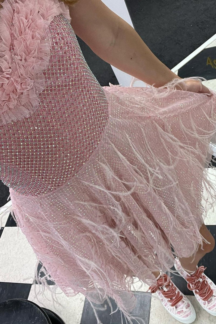 Koscy Sweetheart Pink Grid Short homecoming Dress with Feathers