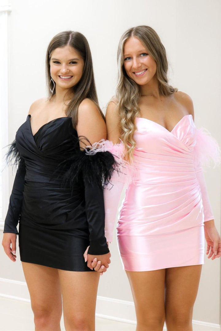 Koscy Sheath Satin Strapless Homecoming Dress with Long Sleeves