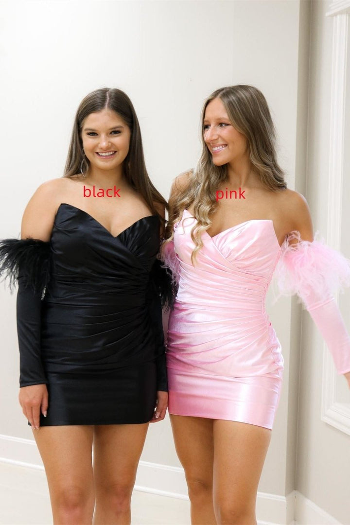 Koscy Sheath Satin Strapless Homecoming Dress with Long Sleeves