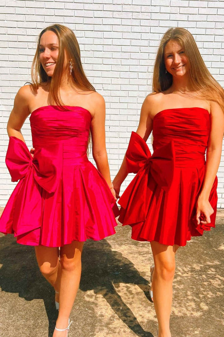 Koscy A-Line Strapless Pleated Party Dress with Bow
