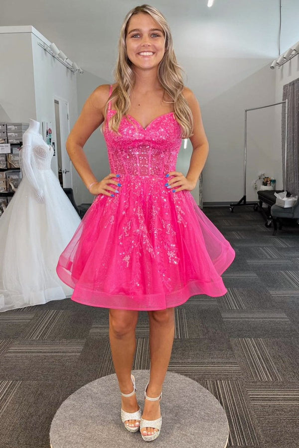 Koscy A-line Spaghetti Straps Sequins Tulle Homecoming Dress