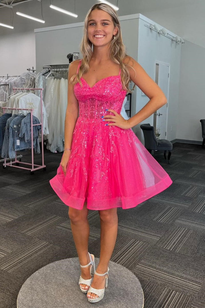 Koscy A-line Spaghetti Straps Sequins Tulle Homecoming Dress