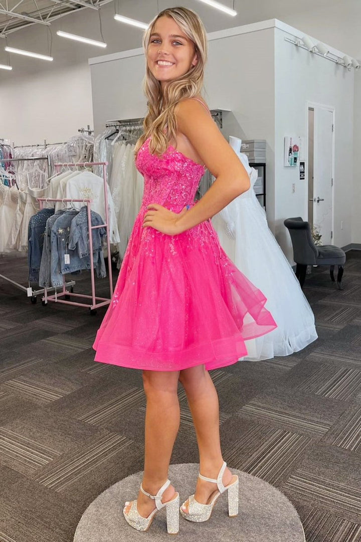 Koscy A-line Spaghetti Straps Sequins Tulle Homecoming Dress