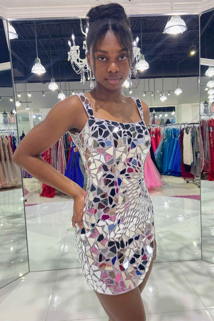 Koscy Square Neck Silver Cut Mirror Sequin Bodycon Homecoming Dress